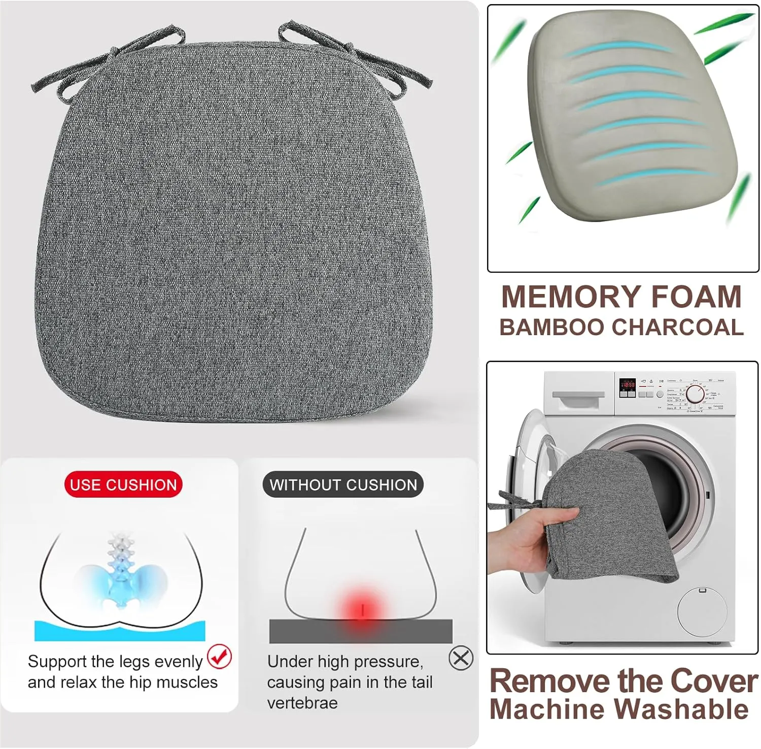 SINOSSO 1 Pack Memory Foam Chair Cushions for Dining Chair, Friendly Woven Fabric 16" U-Shape Comfortable Kitchen Chair Pad, Removable Slip Resistant Seat Cushion (1 Piece, Dark Grey)