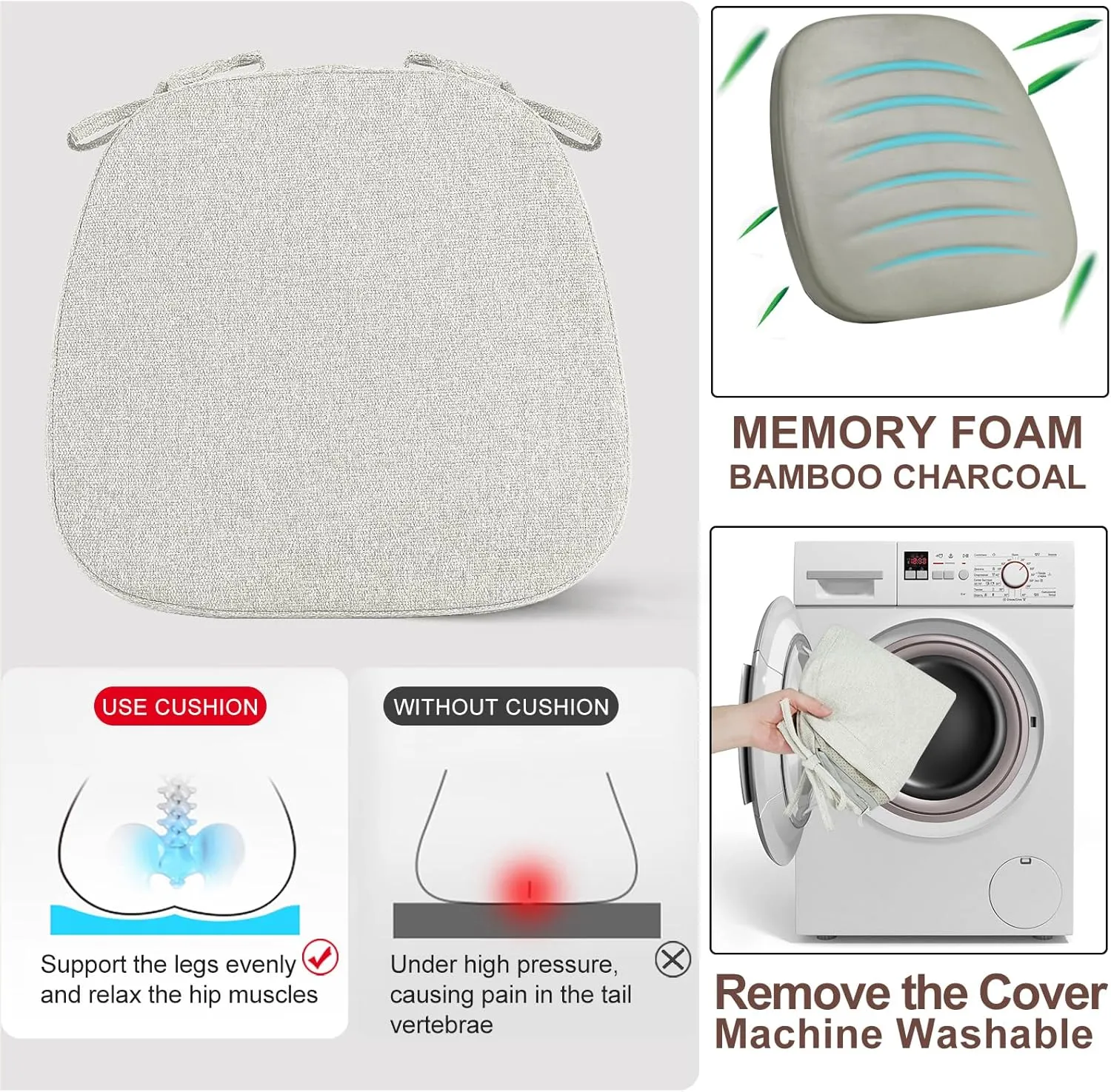 SINOSSO 4 Pack Memory Foam Chair Cushions for Dining Chairs, Friendly Woven Fabric 16" U-Shape Comfortable Kitchen Chair Pads, Removable Slip Resistant Seat Cushions (Set of 4, Beige-Gray)