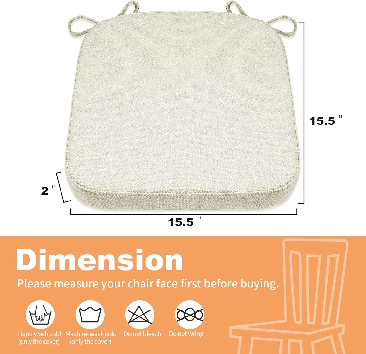 SINOSSO Thickened 2" Memory Foam Folding Chair Cushion 1 Pcs, Square Kitchen Chair Pad with Ties, Indoor Non-Slip Dining Chair Seat Cushion (1 Pcs, Beige-Gray)