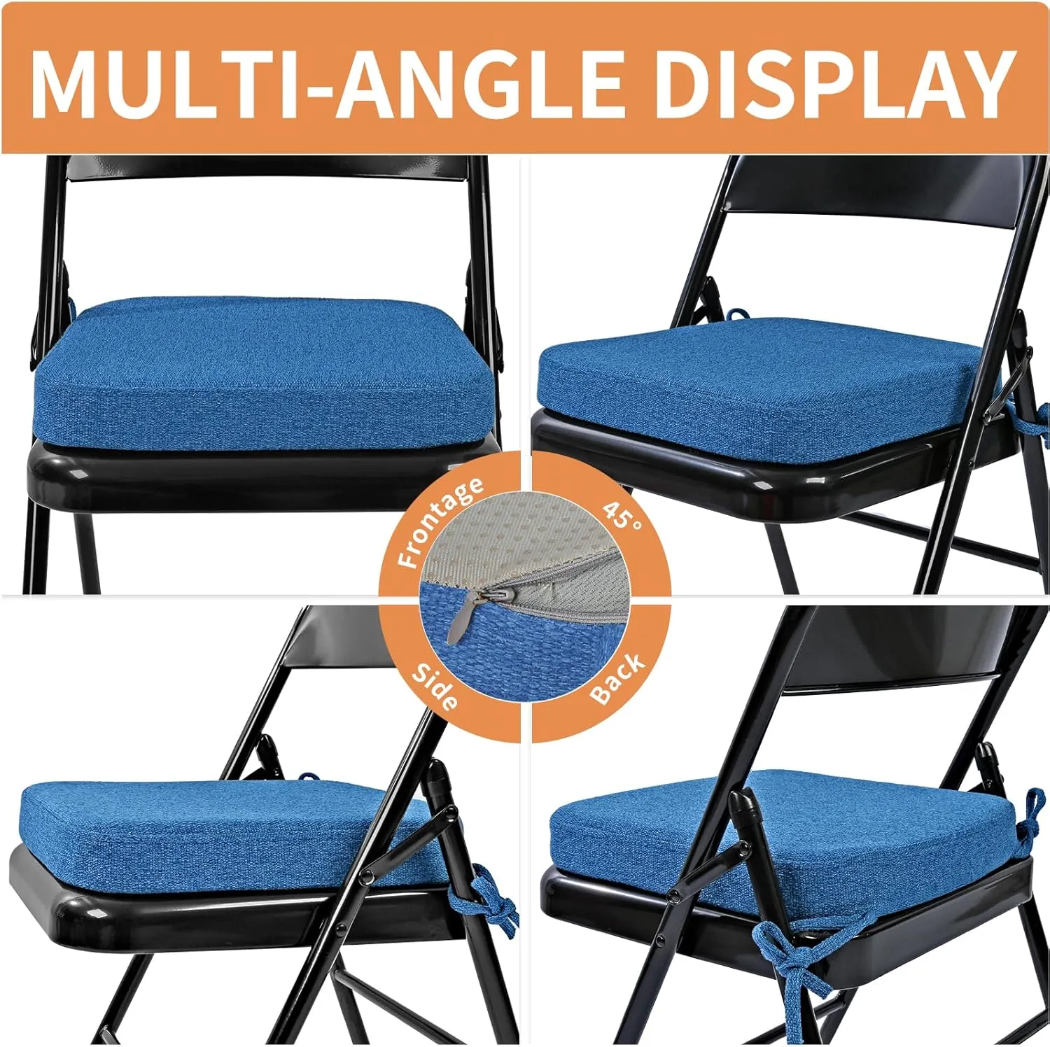 SINOSSO Thickened 2" Memory Foam Folding Chair Cushion 1 Pcs, Square Kitchen Chair Pad with Ties, Indoor Non-Slip Dining Chair Seat Cushion (1 Pcs, Dark Blue)