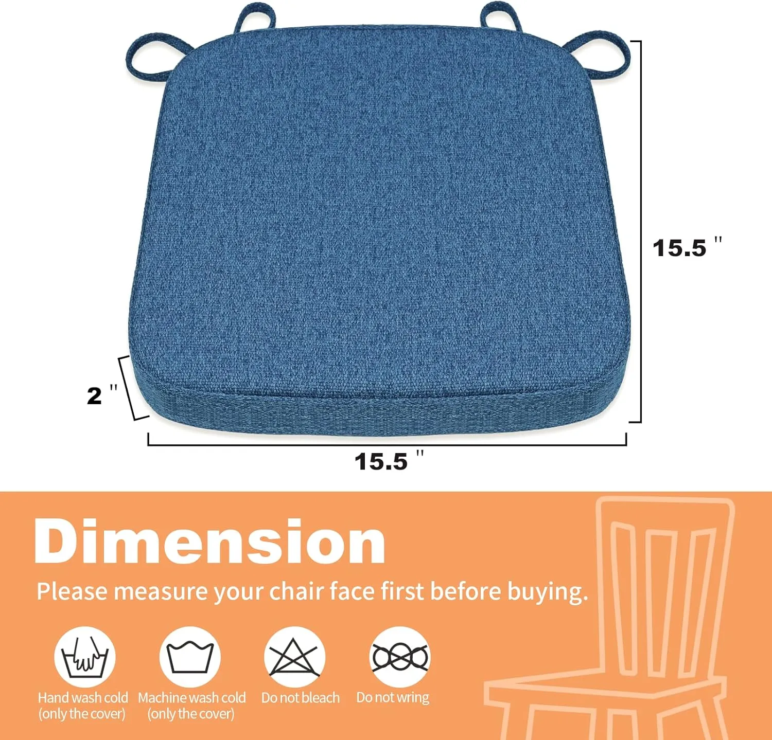 SINOSSO Thickened 2" Memory Foam Folding Chair Cushion 1 Pcs, Square Kitchen Chair Pad with Ties, Indoor Non-Slip Dining Chair Seat Cushion (1 Pcs, Dark Blue)