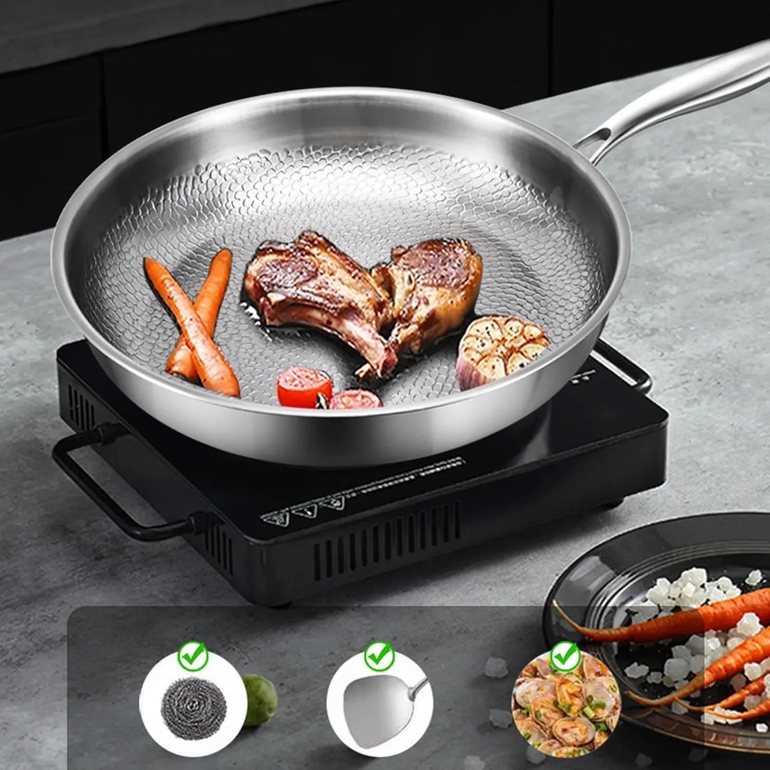 Siraat Pure Titanium Pan, 100% Titanium Pans for Cooking Non Stick, Stainless Steel Hammered Pan Pro with Lid (11.02in, No Lid)