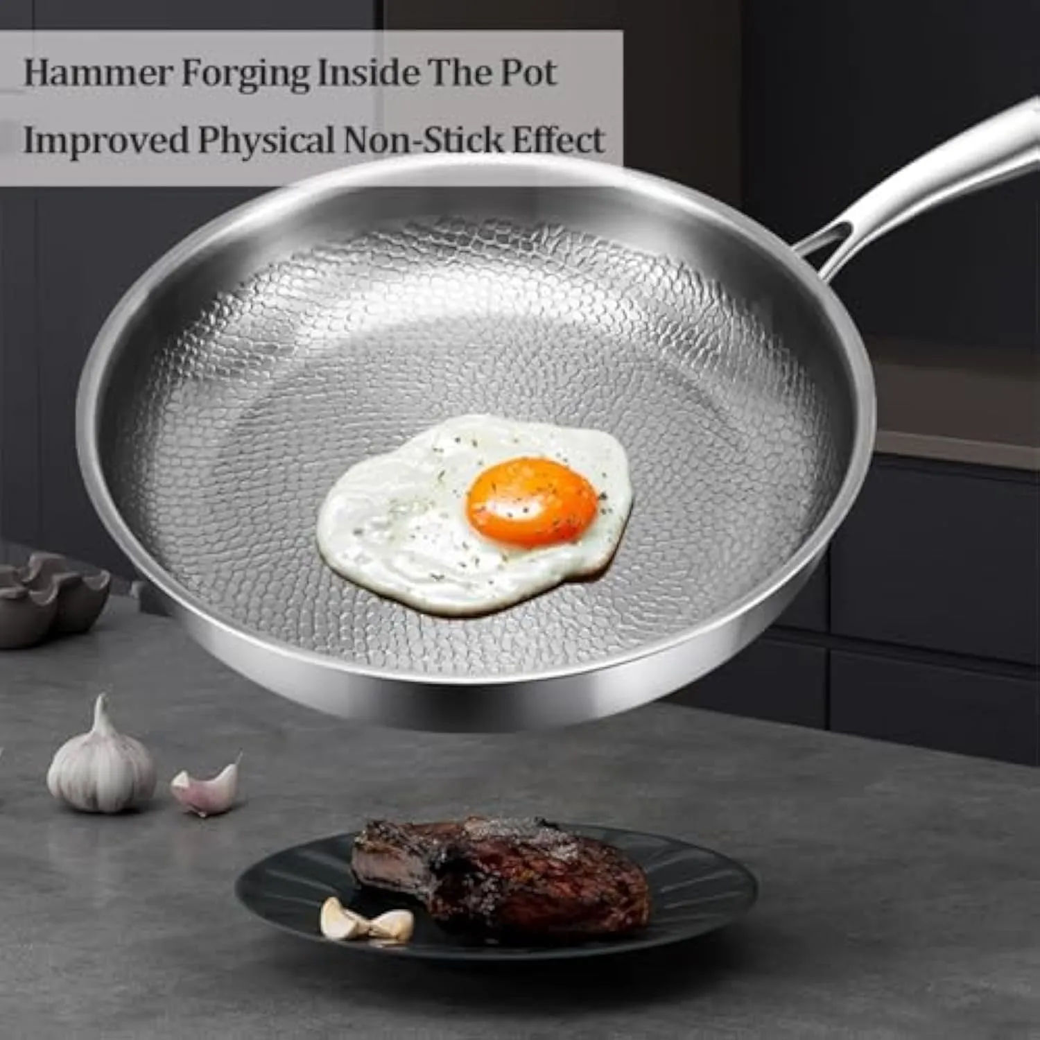 Siraat Pure Titanium Pan, 100% Titanium Pans for Cooking Non Stick, Stainless Steel Hammered Pan Pro with Lid (11.02in, No Lid)