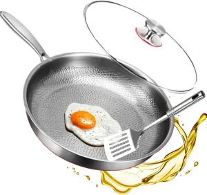 Siraat Pure Titanium Pan Hammered Pattern, Non-Stick Siraatskitchen Titanium Pan, Stainless Steel Hammered Pans Pro, Lightweight & Non-Toxic For All Stovetops (With cover, 30cm)