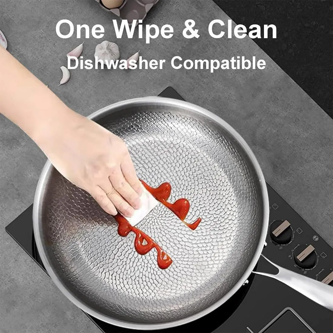 Siraat Pure Titanium Pan Hammered Pattern, Non-Stick Siraatskitchen Titanium Pan, Stainless Steel Hammered Pans Pro, Lightweight & Non-Toxic For All Stovetops (With cover, 30cm)