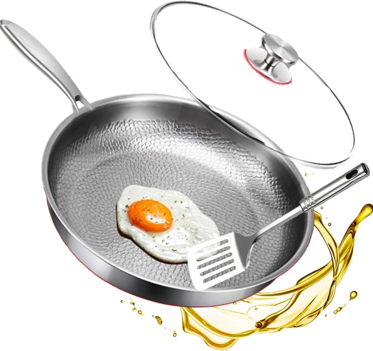 Siraat Pure Titanium Pan Hammered Pattern, Non-Stick Siraatskitchen Titanium Pan, Stainless Steel Hammered Pans Pro, Lightweight & Non-Toxic For All Stovetops (With cover, 30cm)