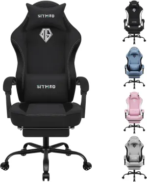 SITMOD Gaming Chairs for Adults with Footrest-PC Computer Ergonomic Video Game Chair-Backrest and Seat Height Adjustable Swivel Task Chair with Headrest and Lumbar Support(Black)-Fabric (Black)