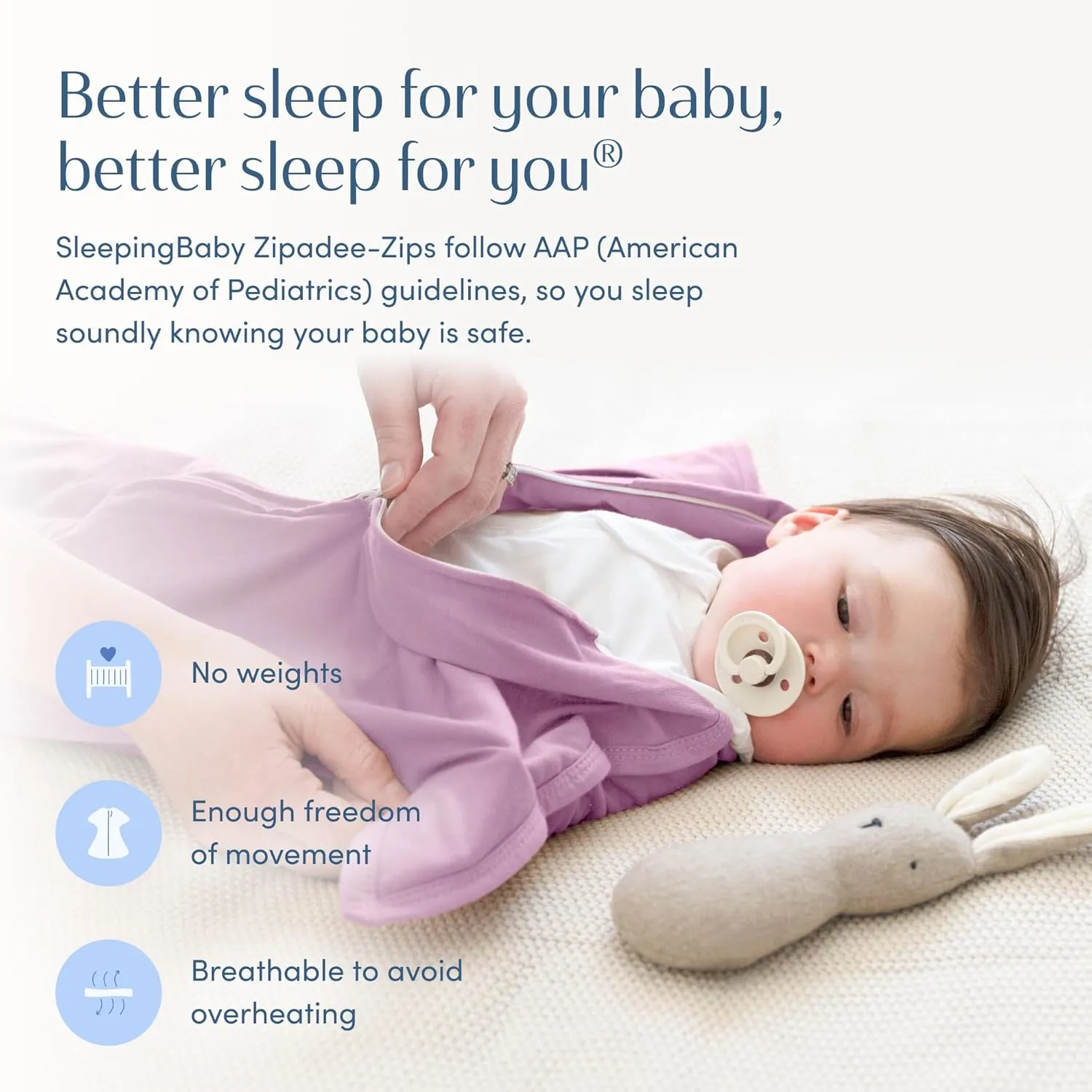 SleepingBaby Zipadee-Zip Transition Swaddle - Cozy Baby Swaddle Blanket with Zipper Convenience - Roomy Wearable Blanket for Easy Diaper Changes - Classic Lavender, Medium (6-12 Month)
