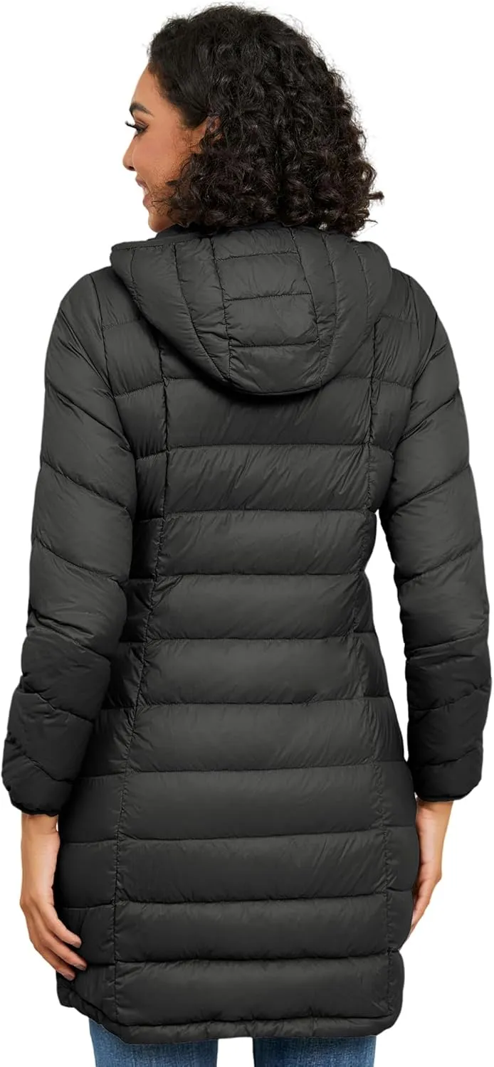 SLOW DOWN Women Lightweight Down Puffer Coat, Women Hooded Mid-Length Packable Winter Jacket with Packing Bag