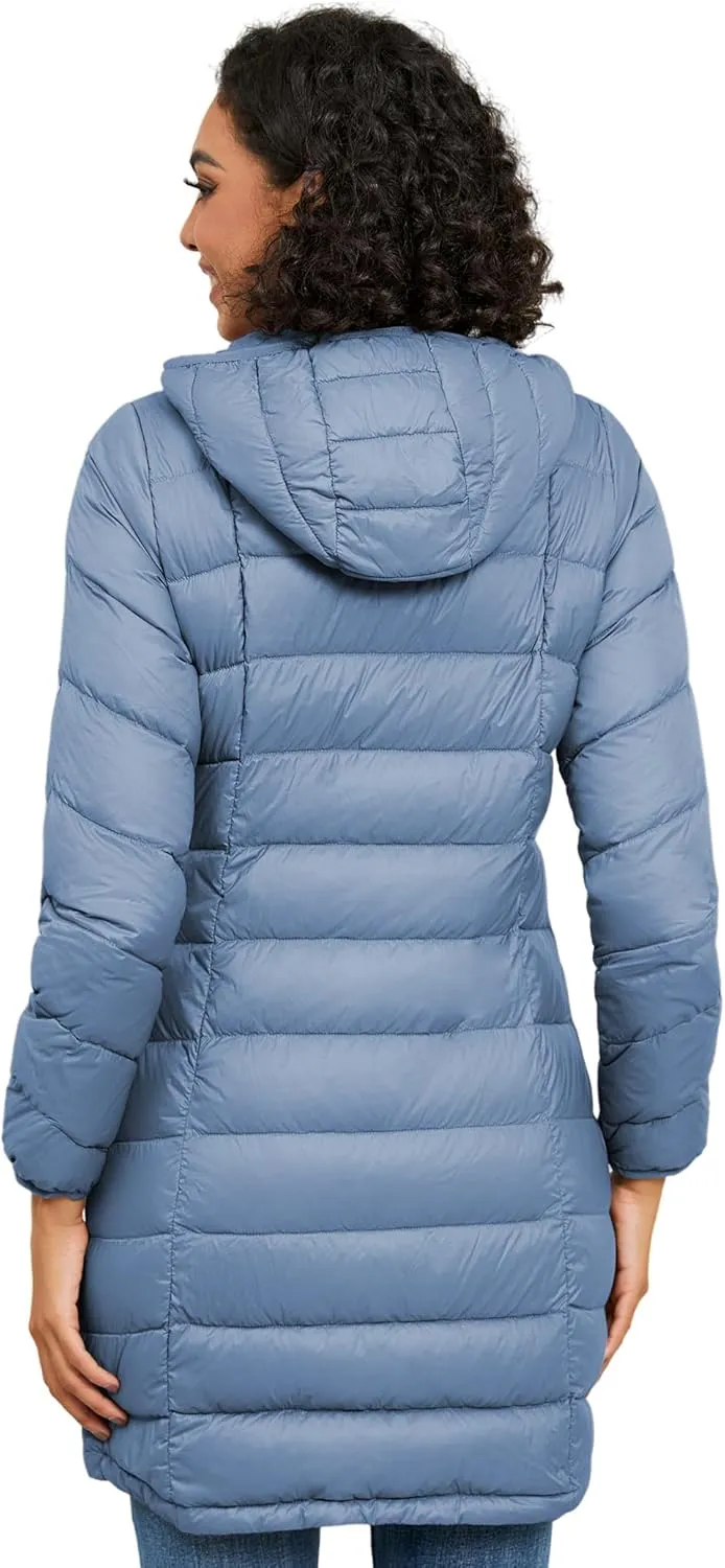 SLOW DOWN Women Lightweight Down Puffer Coat, Women Hooded Mid-Length Packable Winter Jacket with Packing Bag