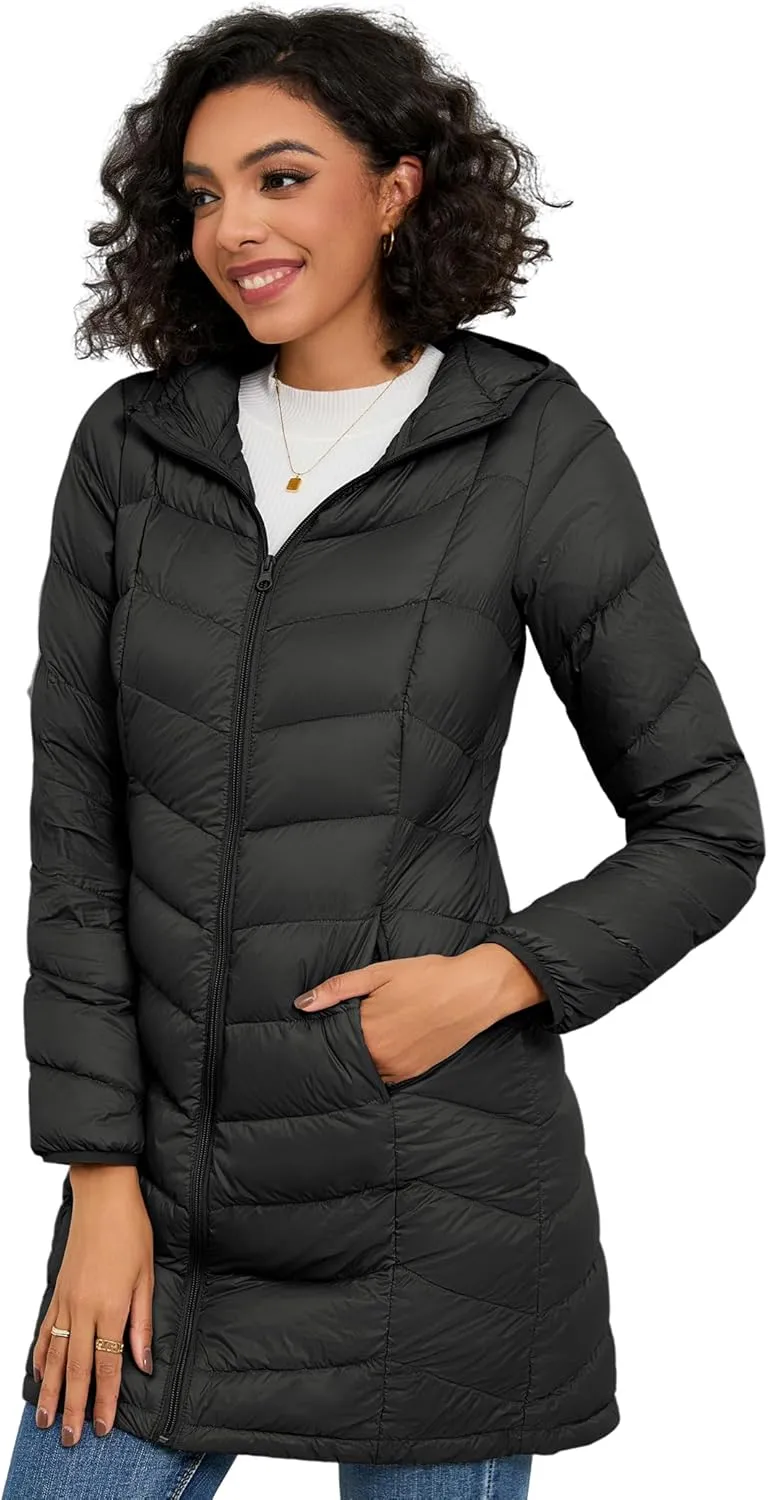 SLOW DOWN Women Lightweight Down Puffer Coat, Women Hooded Mid-Length Packable Winter Jacket with Packing Bag