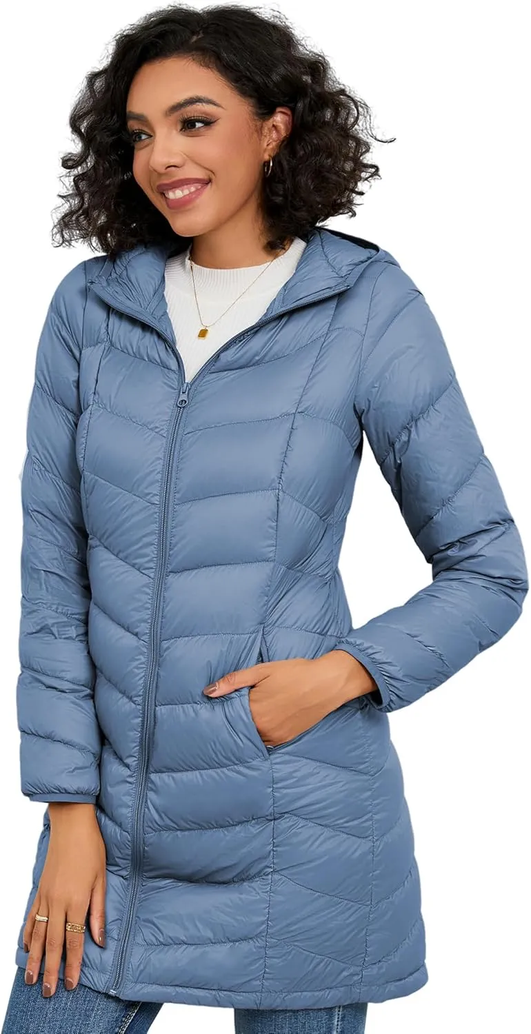 SLOW DOWN Women Lightweight Down Puffer Coat, Women Hooded Mid-Length Packable Winter Jacket with Packing Bag