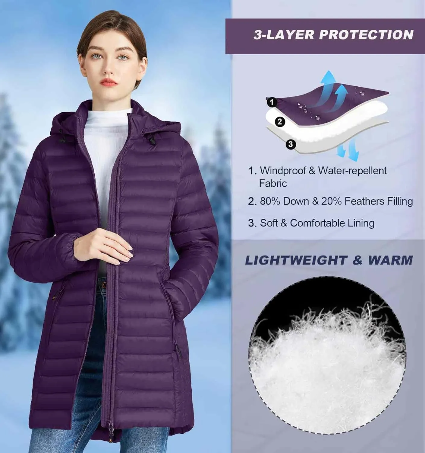 SLOWTOWN Women’s Lightweight Down Puffer Coat Packable Long Down Coat Hood Winter Puffer Jacket