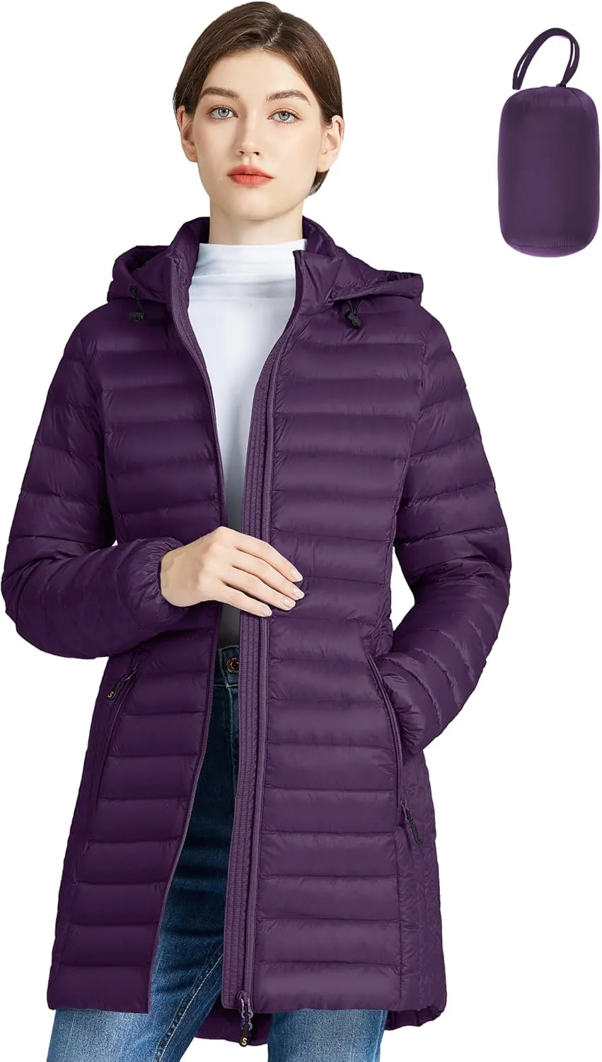 SLOWTOWN Women’s Lightweight Down Puffer Coat Packable Long Down Coat Hood Winter Puffer Jacket