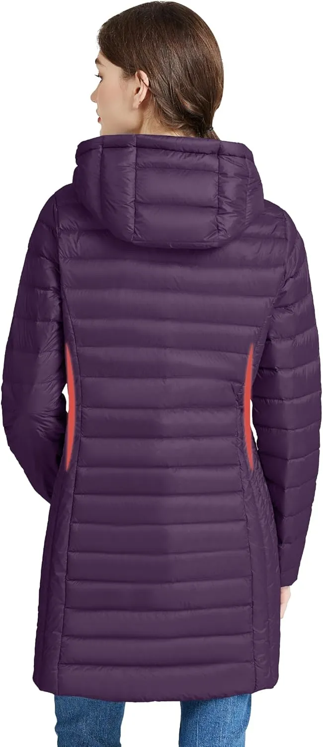 SLOWTOWN Women’s Lightweight Down Puffer Coat Packable Long Down Coat Hood Winter Puffer Jacket