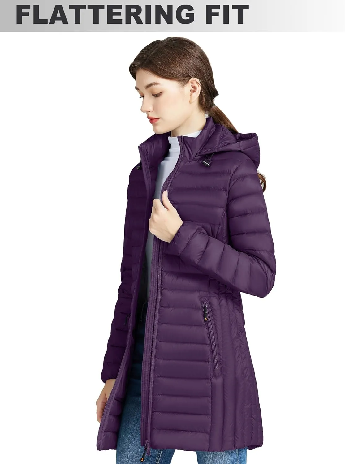 SLOWTOWN Women’s Lightweight Down Puffer Coat Packable Long Down Coat Hood Winter Puffer Jacket