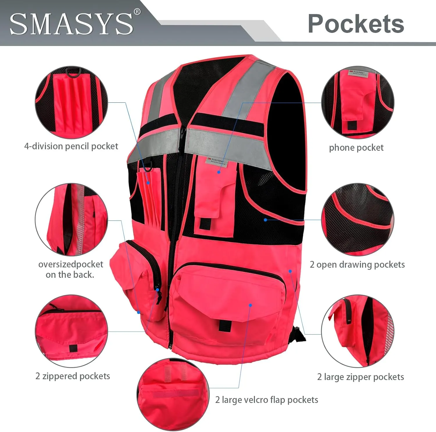 SMASYS Hi Vis Safety Vest with 3M Reflective Tape, knitted and Oxford Fabric with Pockets,Multifunction Construction Workwear