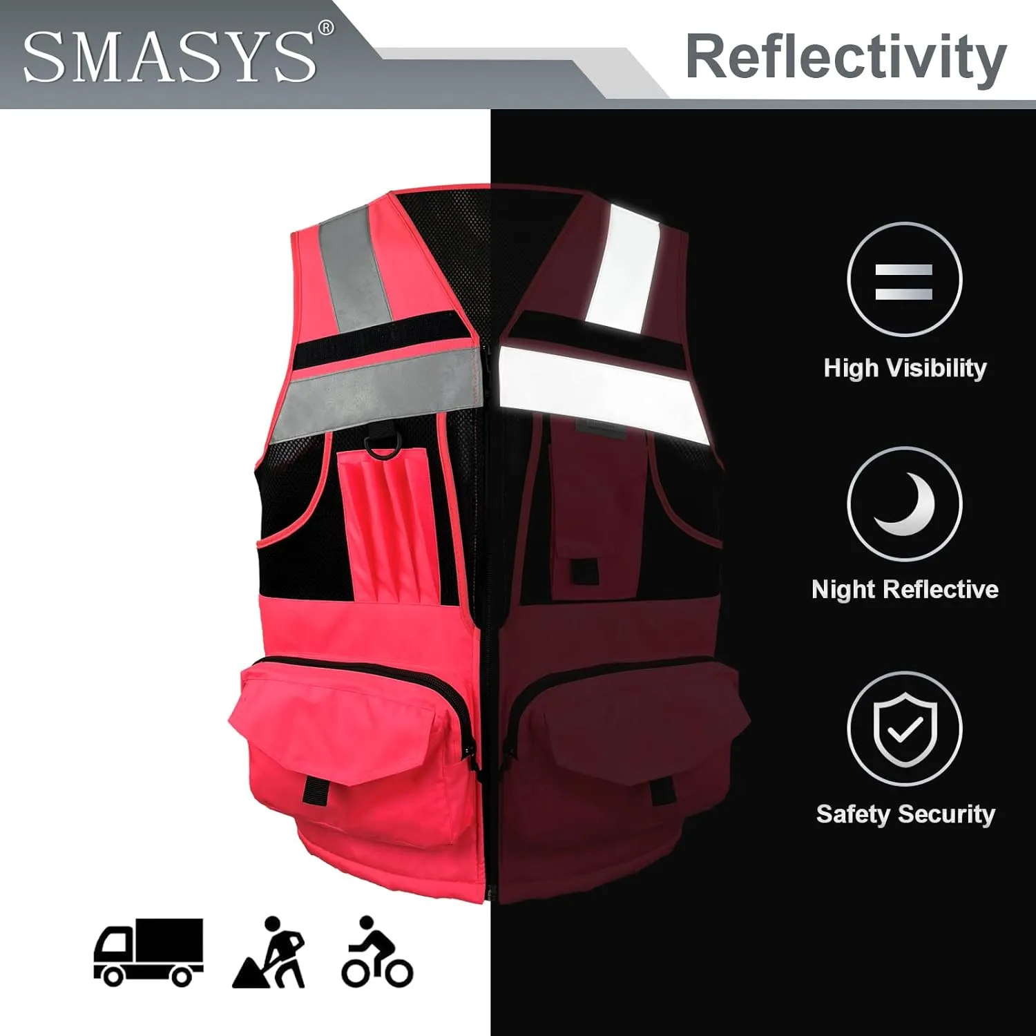 SMASYS Hi Vis Safety Vest with 3M Reflective Tape, knitted and Oxford Fabric with Pockets,Multifunction Construction Workwear