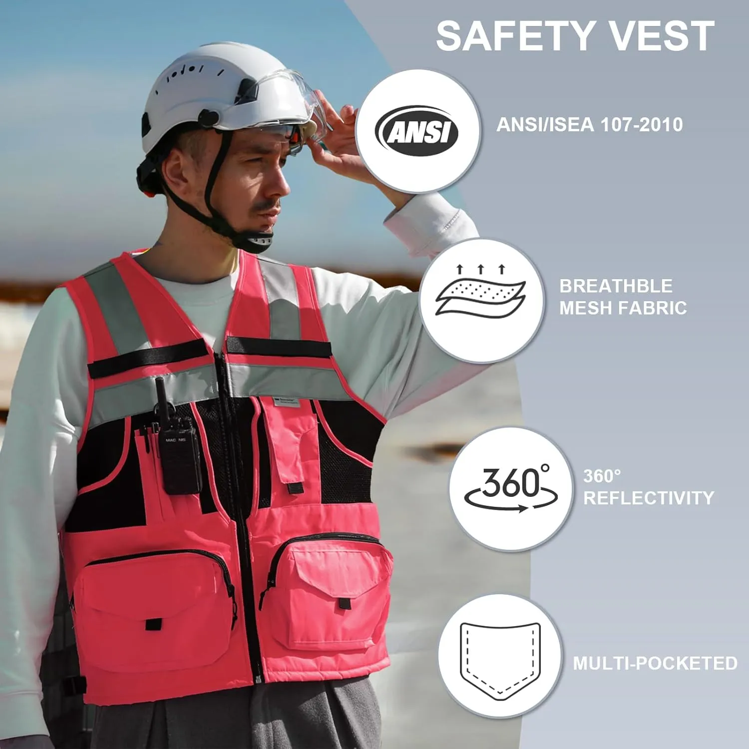 SMASYS Hi Vis Safety Vest with 3M Reflective Tape, knitted and Oxford Fabric with Pockets,Multifunction Construction Workwear