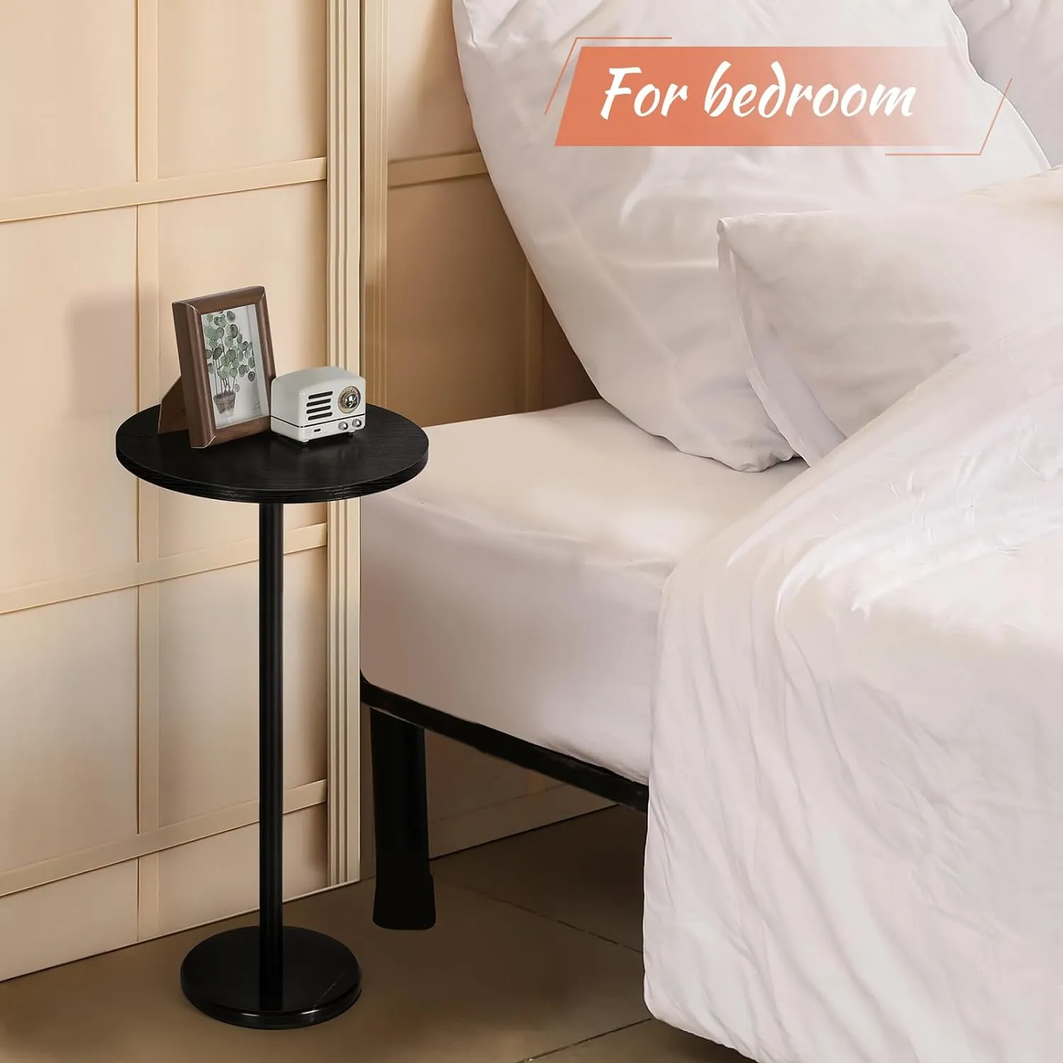 smusei Drink Tables for Small Spaces Pedestal Side Table Set of 2 Small Round Side Tables with Marble Base Black Pedestal Stand for Sofa Couch Chair Patio, Black
