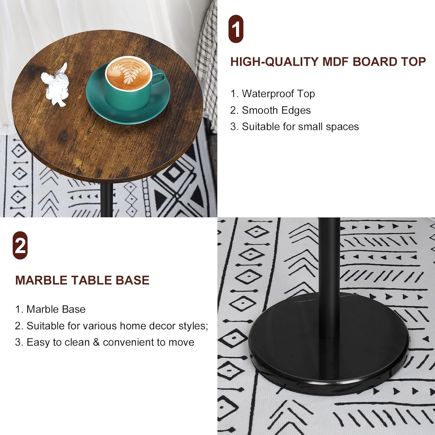 smusei Set of 2 Small Side Table for Small Spaces 2 Packs Drink Table Round Pedestal Side Tables with Marble Base for Sofa Couch Chair Patio, Brown and Black