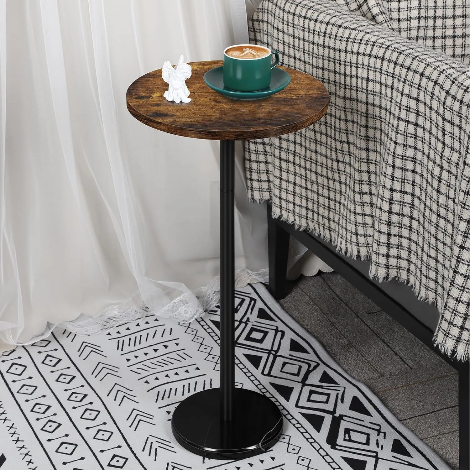 smusei Set of 2 Small Side Table for Small Spaces 2 Packs Drink Table Round Pedestal Side Tables with Marble Base for Sofa Couch Chair Patio, Brown and Black