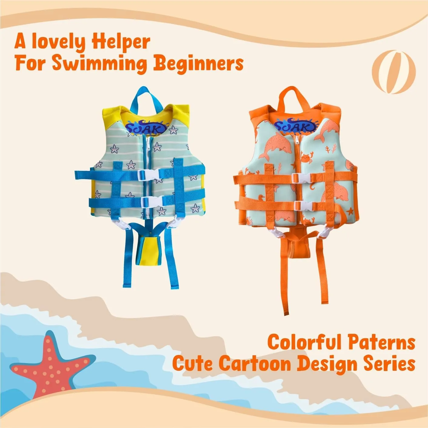 Soak Kids Swim Vest - Toddler Pool Floaties Adjustable Safety Strap Swimming Aids for Toddlers Children Float Swimsuit, Suitable for Age 1-6years/24-66lbs