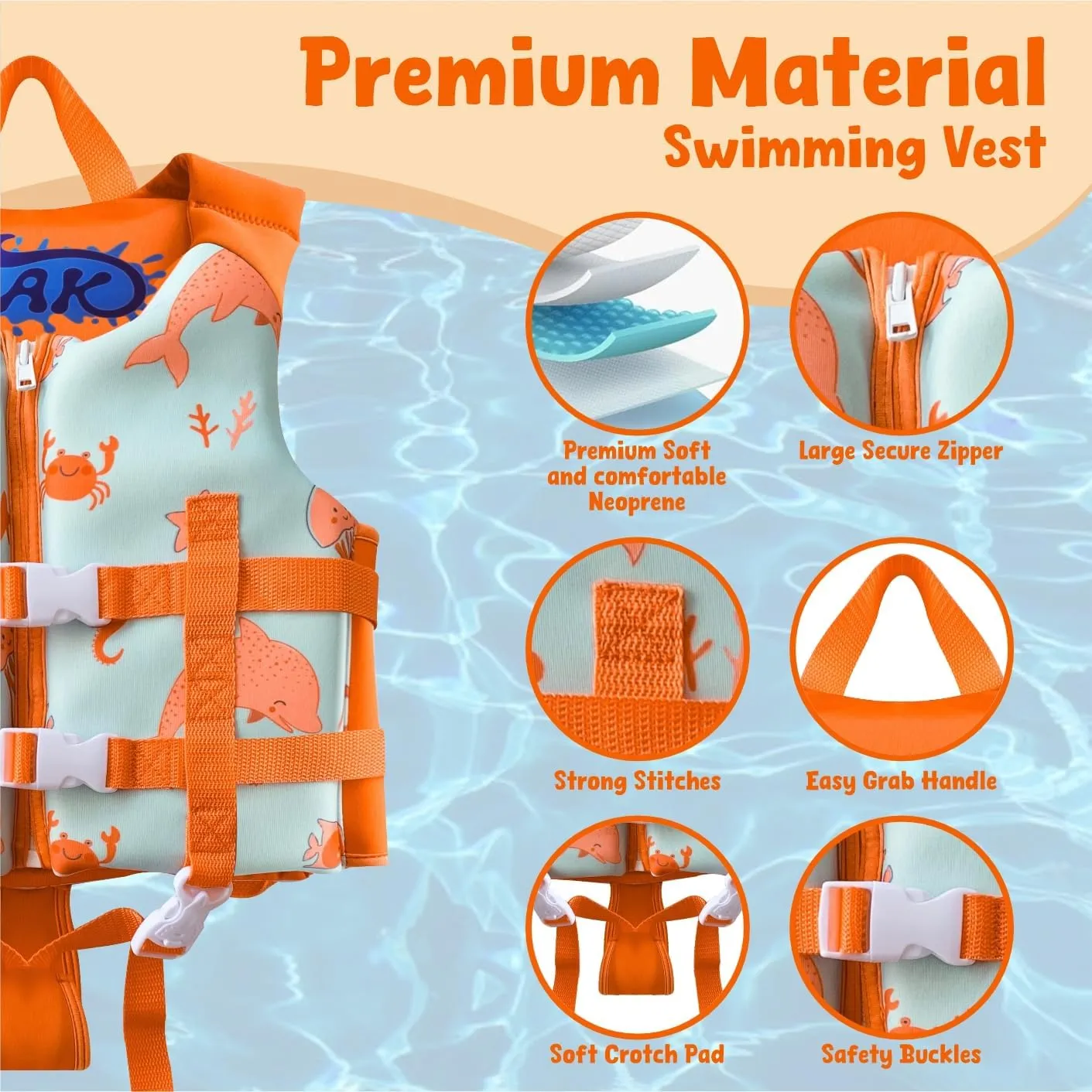 Soak Kids Swim Vest - Toddler Pool Floaties Adjustable Safety Strap Swimming Aids for Toddlers Children Float Swimsuit, Suitable for Age 1-6years/24-66lbs