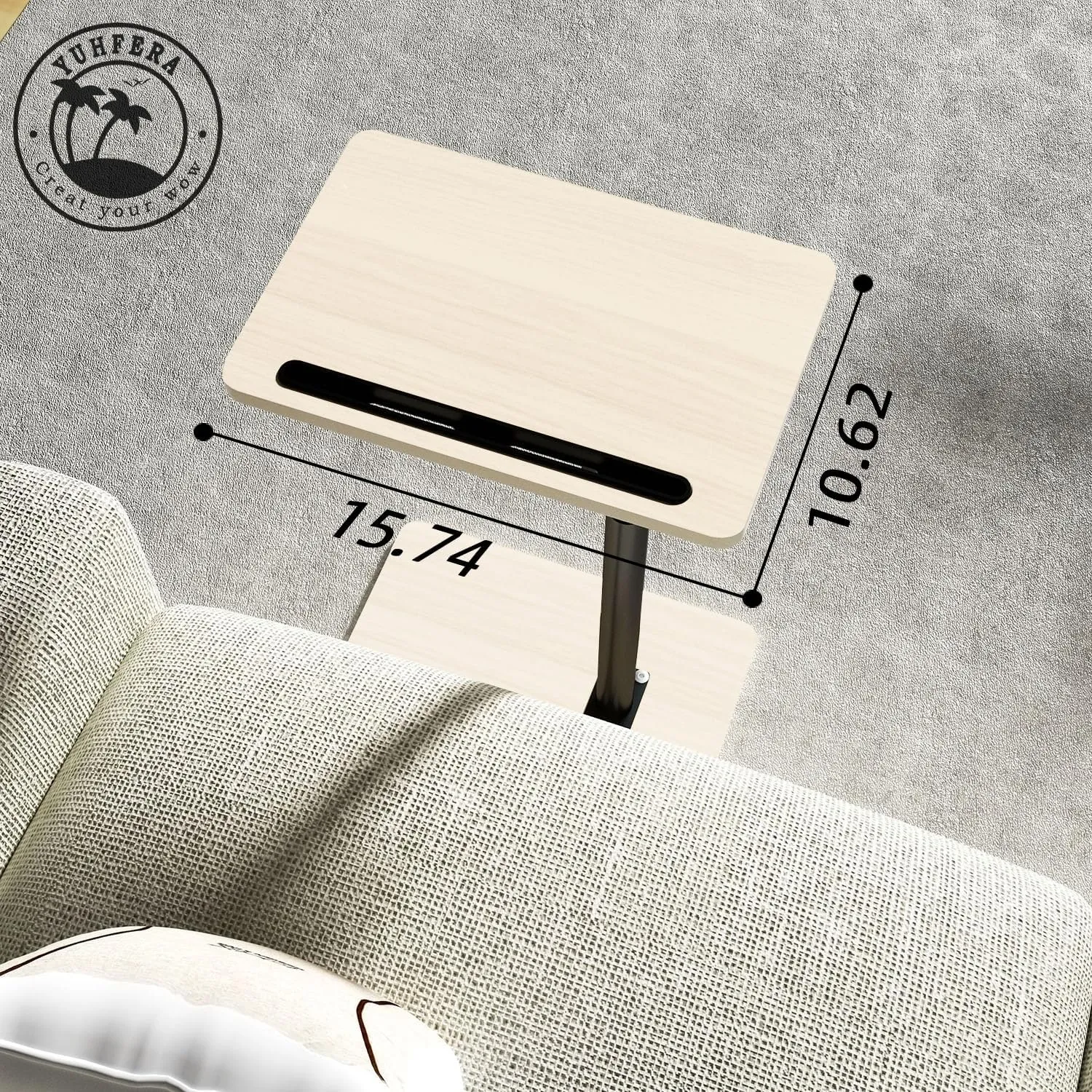 Sofa Armrest Tray Table for Couch - 360° Swivel Height Adjustable End for Small Spaces, Snack Side Table for Bed or Chair with Phone & Tablet Slot (Oak,Standard)