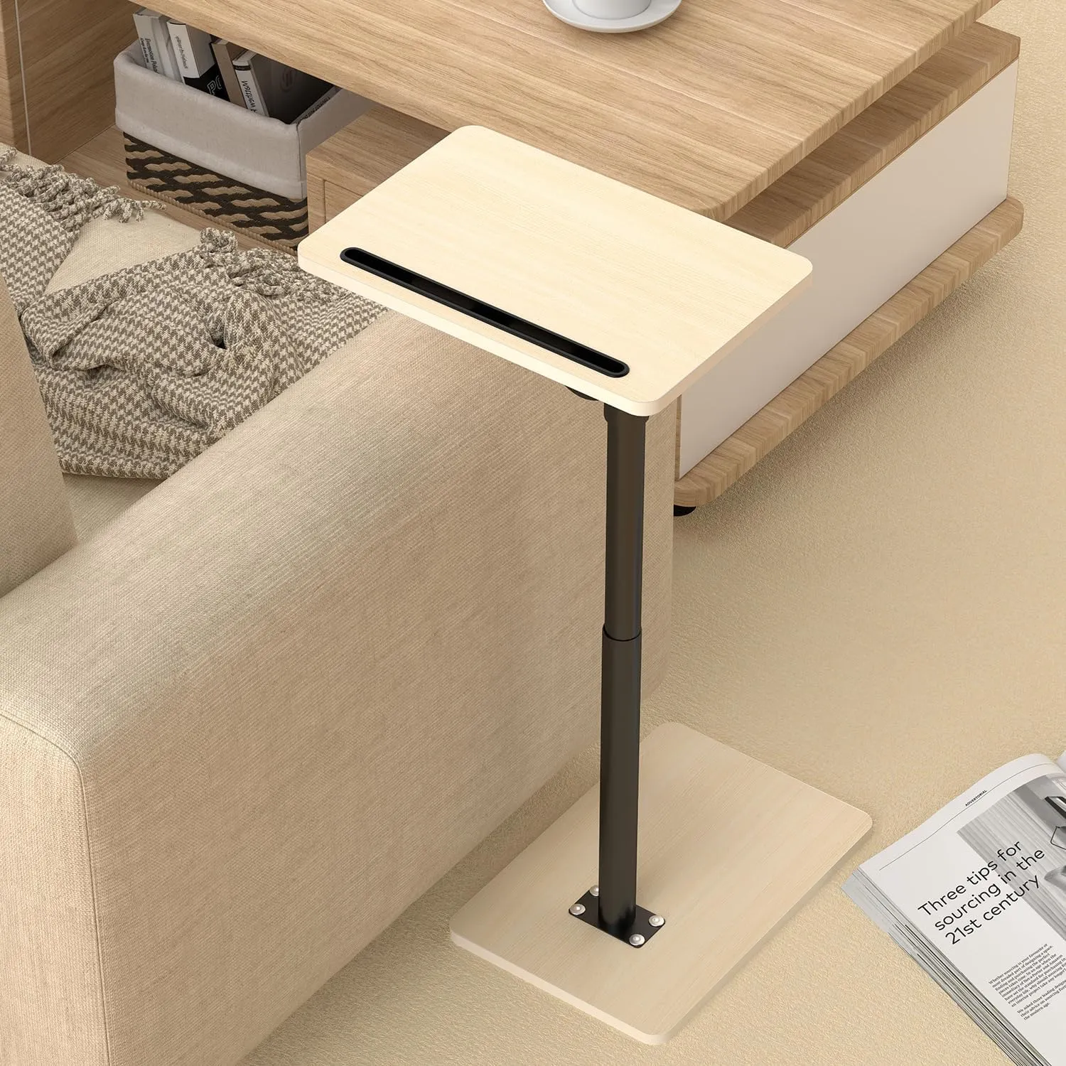 Sofa Armrest Tray Table for Couch - 360° Swivel Height Adjustable End for Small Spaces, Snack Side Table for Bed or Chair with Phone & Tablet Slot (Oak,Standard)