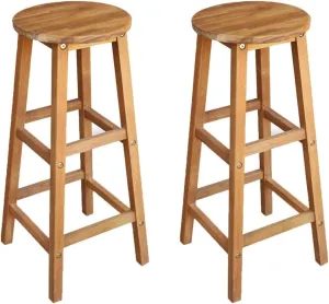 Solid Acacia Wood Bar Chairs Set of 2 for Indoor Outdoor Use, Patio Dining Kitchen Furniture with Footrest, 29.9 Inch Counter Height Wooden Stools for Backyard Beach Poolside Camping