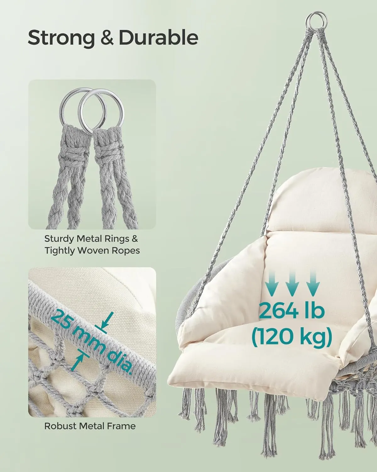 SONGMICS Hanging Chair, Hammock Chair with Large, Thick Cushion, Boho Swing Chair for Bedroom, Patio, Balcony, Garden, Holds up to 264 lb, Accessories Included, Dove Gray and Cream White UGDC042M11