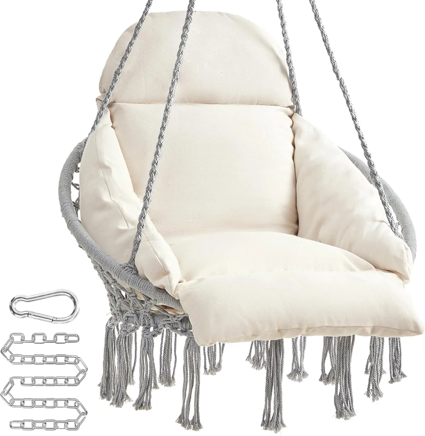 SONGMICS Hanging Chair, Hammock Chair with Large, Thick Cushion, Boho Swing Chair for Bedroom, Patio, Balcony, Garden, Holds up to 264 lb, Accessories Included, Dove Gray and Cream White UGDC042M11