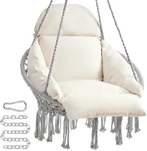 SONGMICS Hanging Chair, Hammock Chair with Large, Thick Cushion, Boho Swing Chair for Bedroom, Patio, Balcony, Garden, Holds up to 264 lb, Accessories Included, Dove Gray and Cream White UGDC042M11