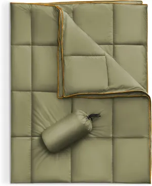 Sonive Blanket 52x75, Packable Compact Blanket Weatherproof Outdoor Down Alternative Throw Puffy Warm Quilt for Camping, Hiking, Backpacking, Picnic, Stadium Army Green