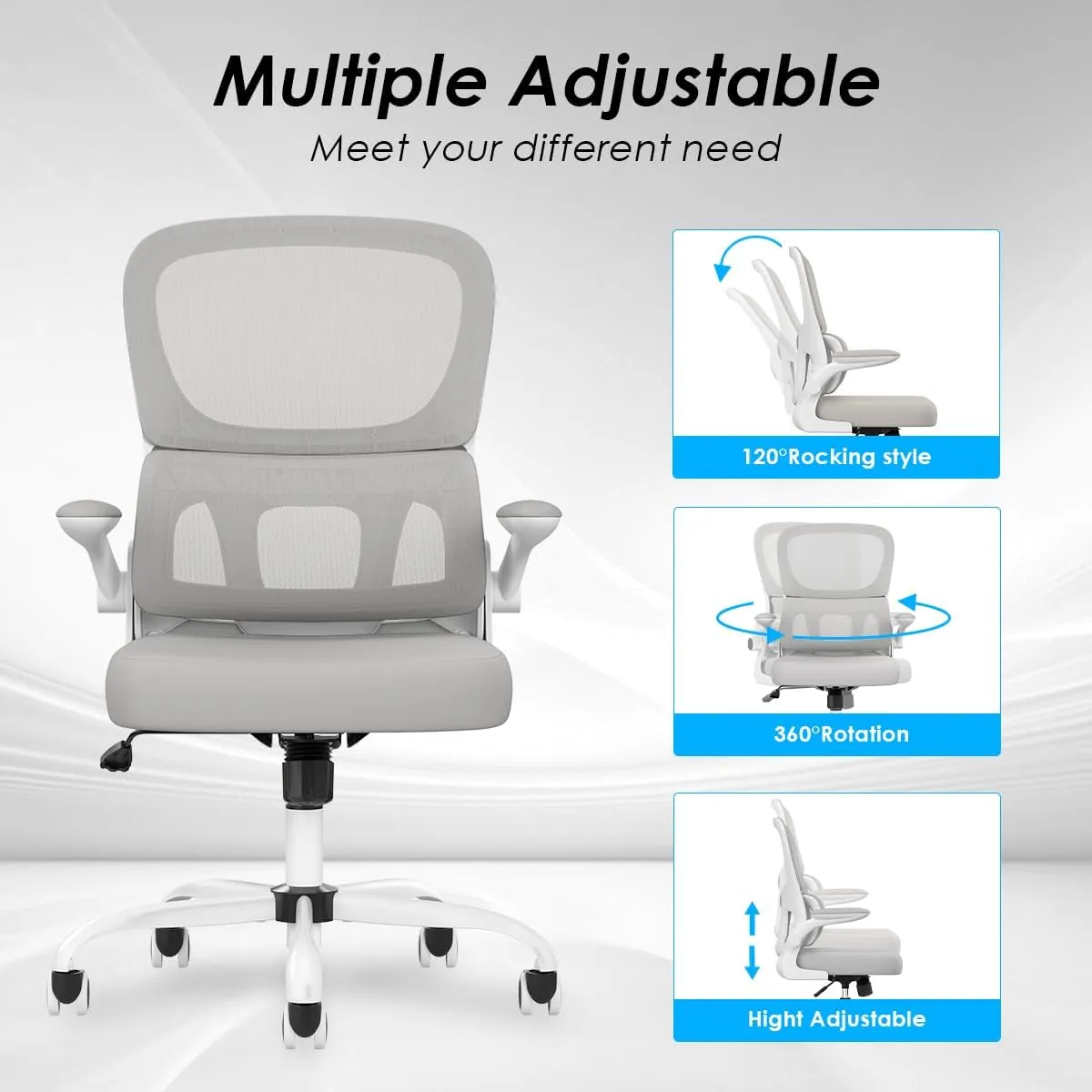 Soohow Ergonomic Home Office Chair, Mesh Desk Chair with Lumbar Support, Comfy Study Desk Chair with Armrest for Home Office Study,White & Gray
