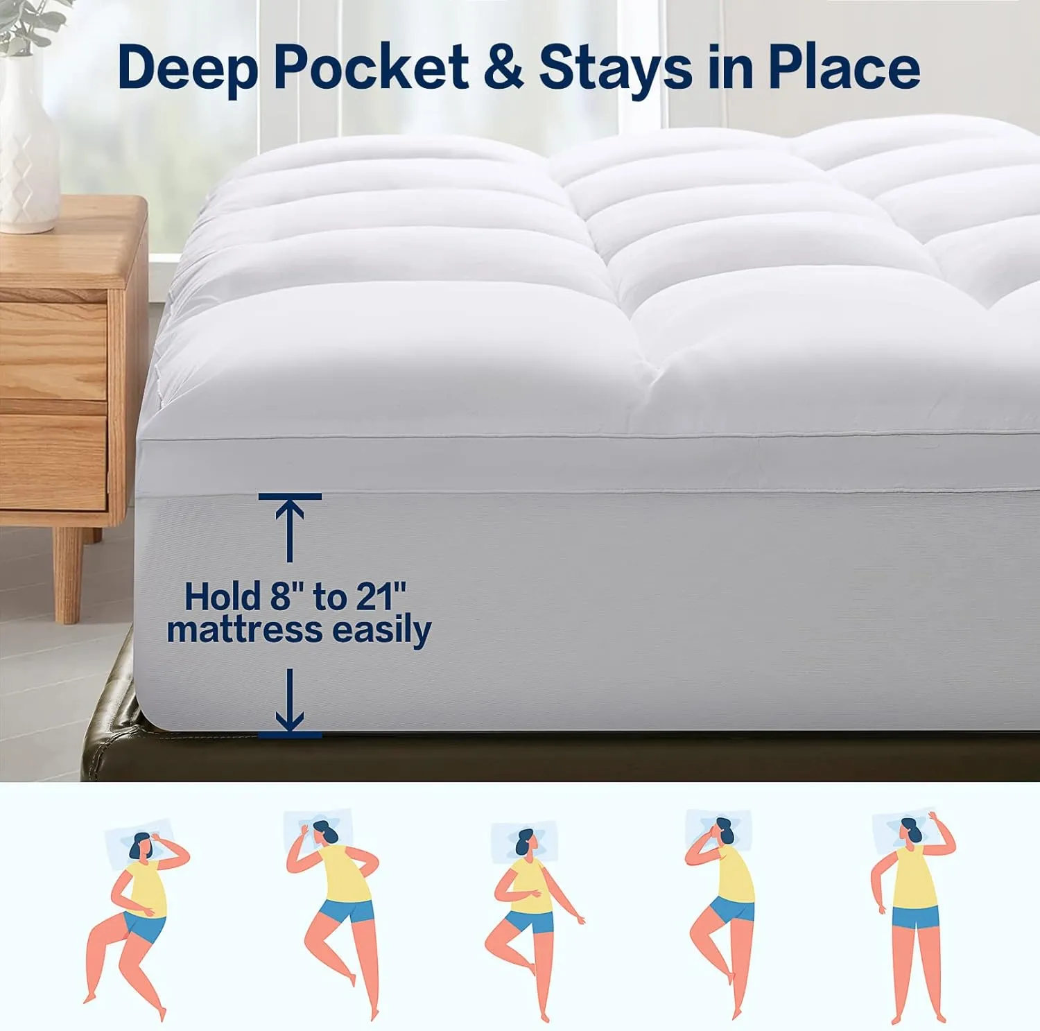 SOPAT Mattress Topper Queen Size Extra Thick Mattress Pad 8-21" Deep Pocket Soft Down Alternative Fill Mattress Protector Pillow Top Mattress Cover (60x80 Inches, White)