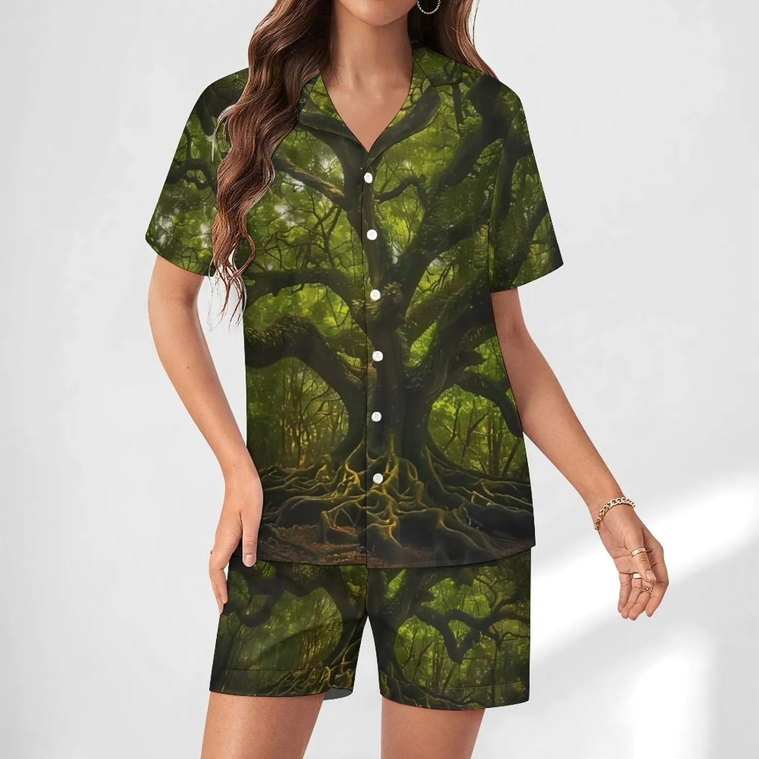 South Carolina Angel Oak Tree Women's Satin Pajama Set Short Sleeve Button Down Sleepwear Loungewear Pj Set
