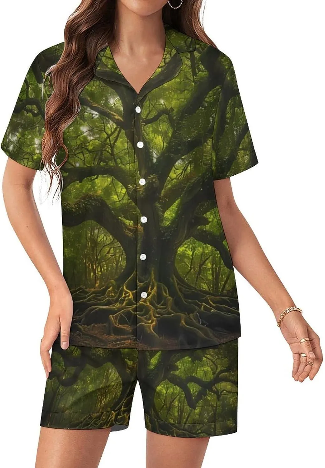 South Carolina Angel Oak Tree Women's Satin Pajama Set Short Sleeve Button Down Sleepwear Loungewear Pj Set