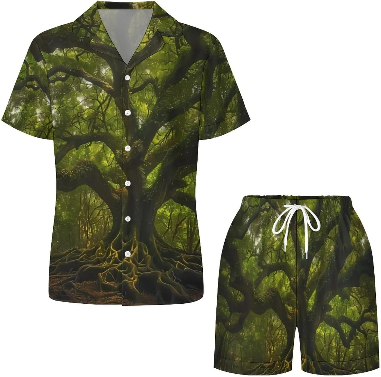South Carolina Angel Oak Tree Women's Satin Pajama Set Short Sleeve Button Down Sleepwear Loungewear Pj Set