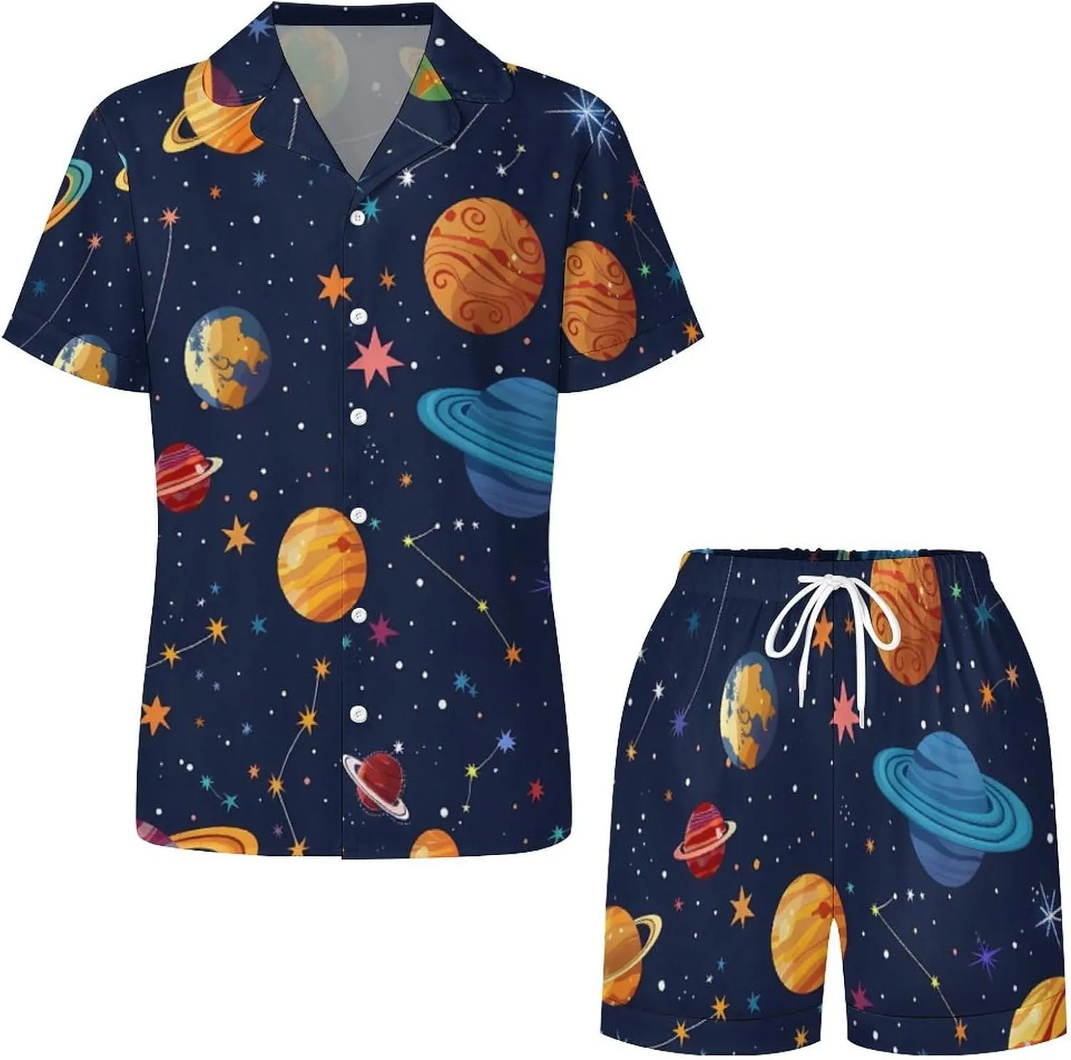 Space Colourful Planets Women's Satin Pajama Set Short Sleeve Button Down Sleepwear Loungewear Pj Set