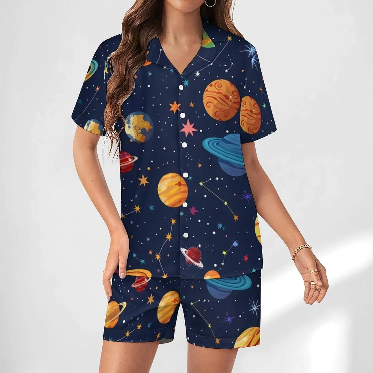 Space Colourful Planets Women's Satin Pajama Set Short Sleeve Button Down Sleepwear Loungewear Pj Set
