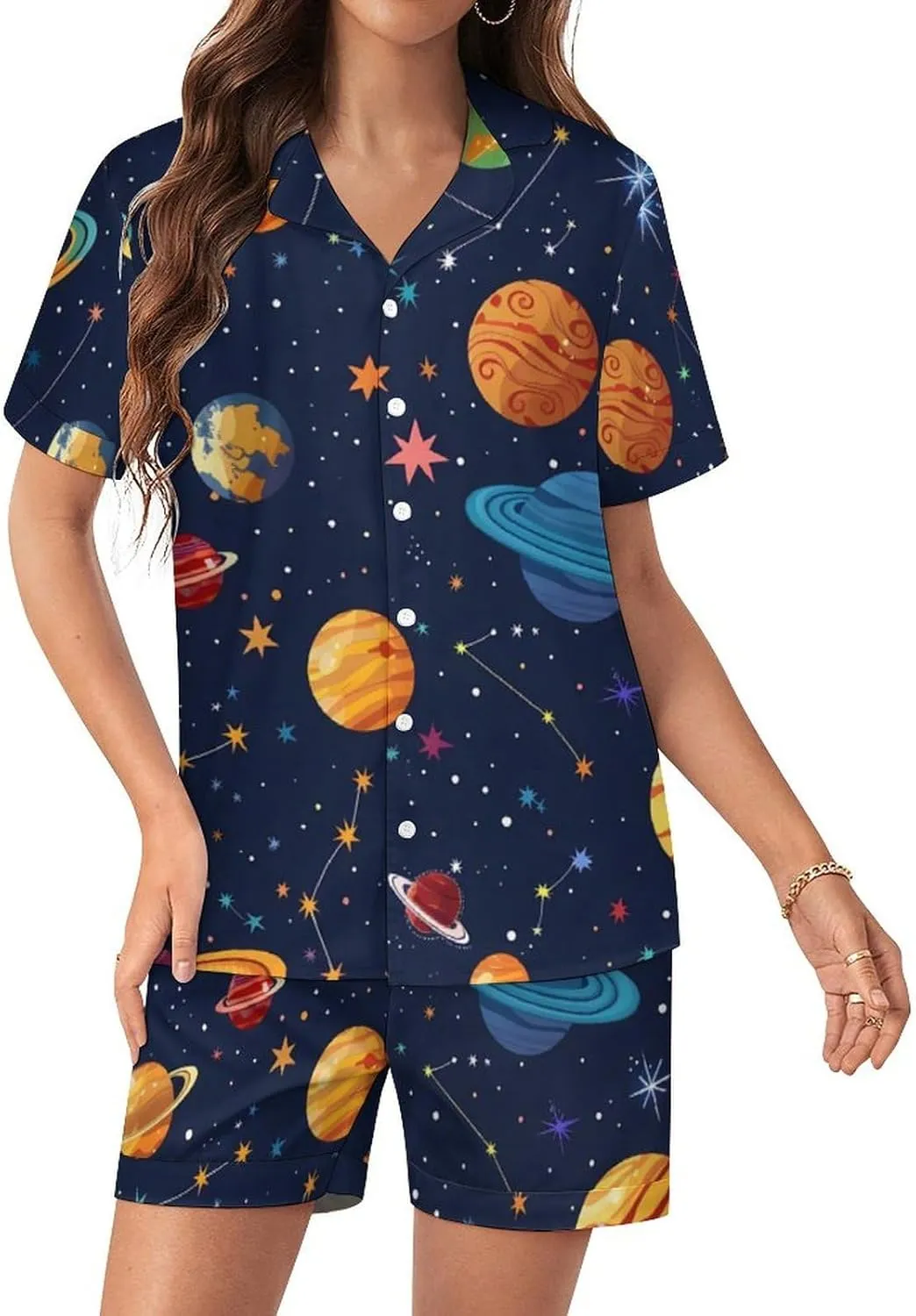 Space Colourful Planets Women's Satin Pajama Set Short Sleeve Button Down Sleepwear Loungewear Pj Set