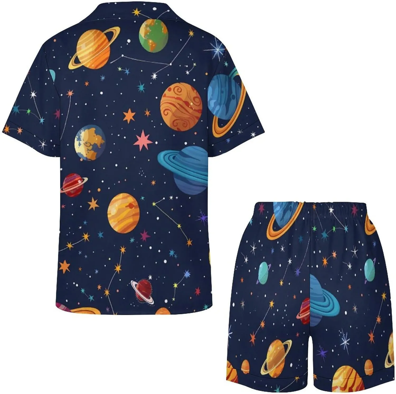 Space Colourful Planets Women's Satin Pajama Set Short Sleeve Button Down Sleepwear Loungewear Pj Set