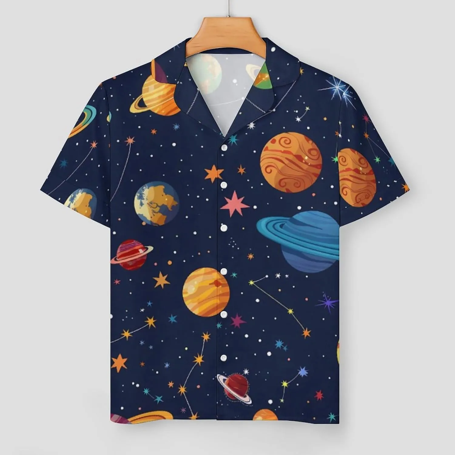 Space Colourful Planets Women's Satin Pajama Set Short Sleeve Button Down Sleepwear Loungewear Pj Set