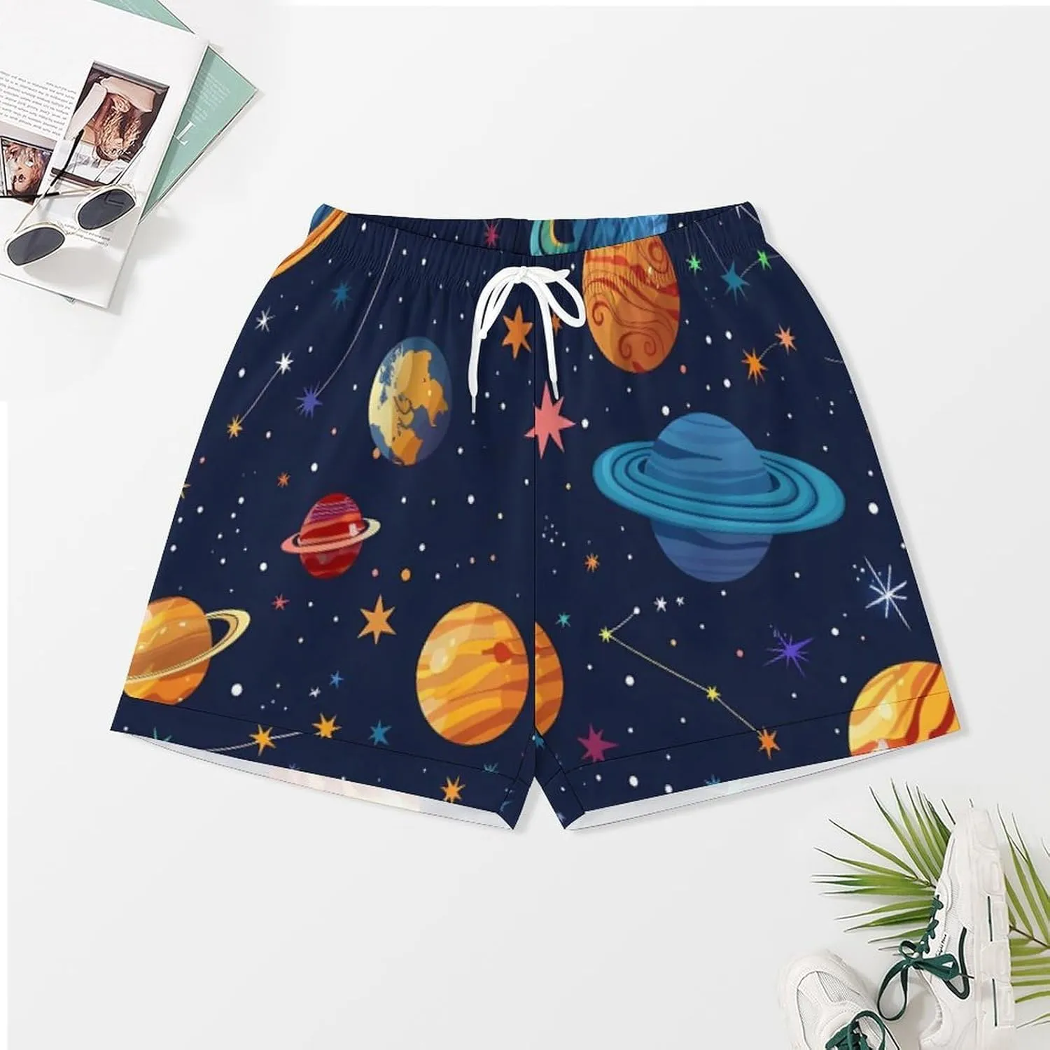 Space Colourful Planets Women's Satin Pajama Set Short Sleeve Button Down Sleepwear Loungewear Pj Set