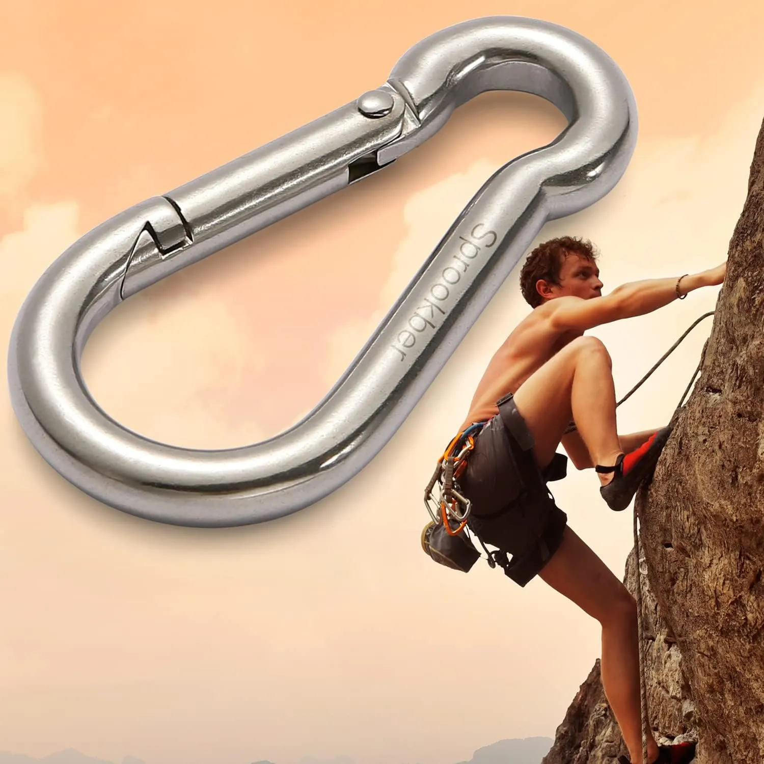 sprookber Stainless Steel Spring Snap Hook Carabiner - 304 Stainless Steel Clips, Set of 6