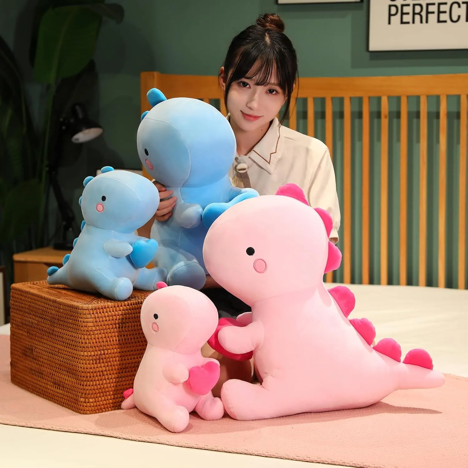 SQEQE Dinosaur Stuffed Animal, Loving Soft Dino Plush Toys with Holding Heart for Valentine Day, Sweet Romantic Anniversary Birthday Gift for Her Girls Boys Girlfriend(Pink,12 inch)