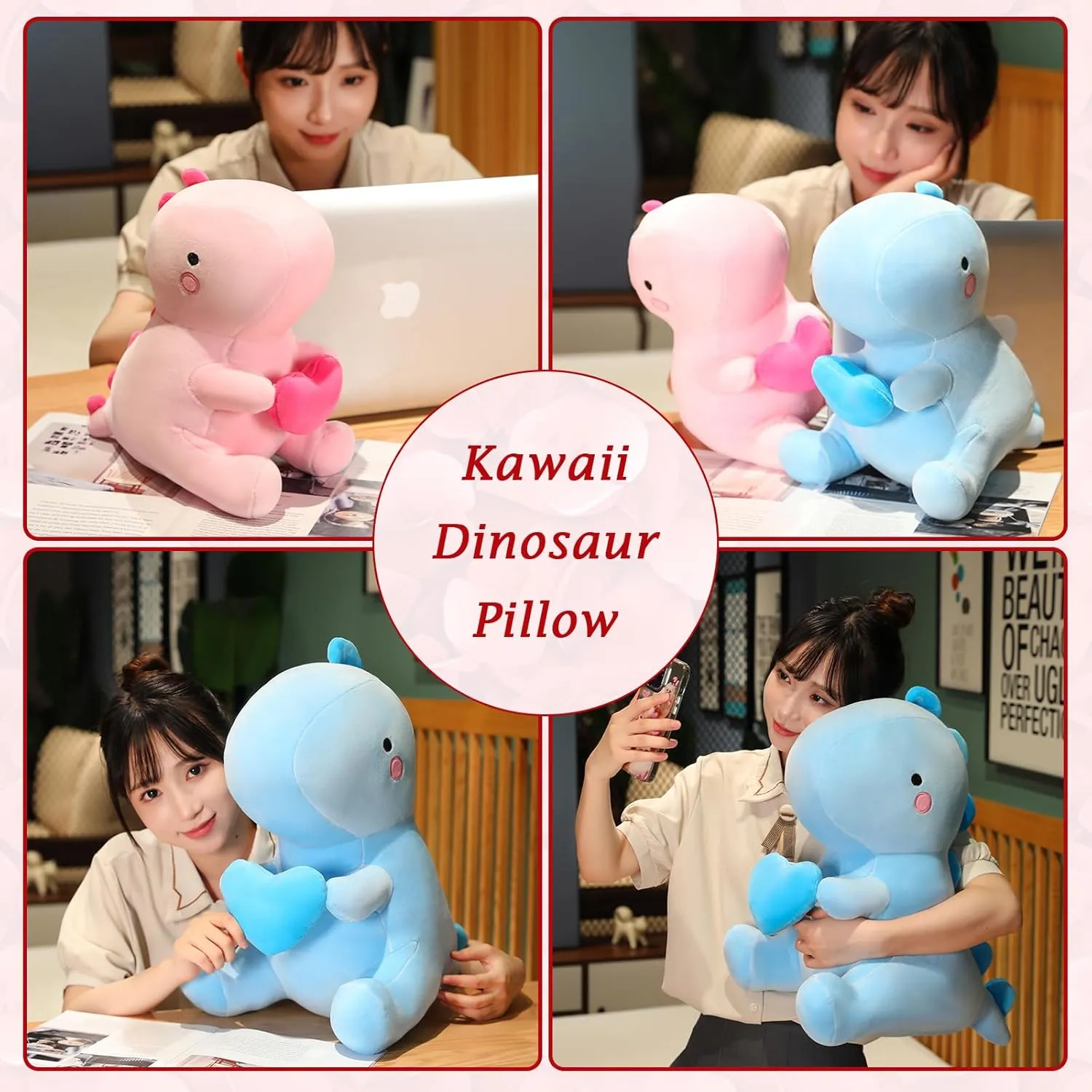 SQEQE Dinosaur Stuffed Animal, Loving Soft Dino Plush Toys with Holding Heart for Valentine Day, Sweet Romantic Anniversary Birthday Gift for Her Girls Boys Girlfriend(Pink,12 inch)