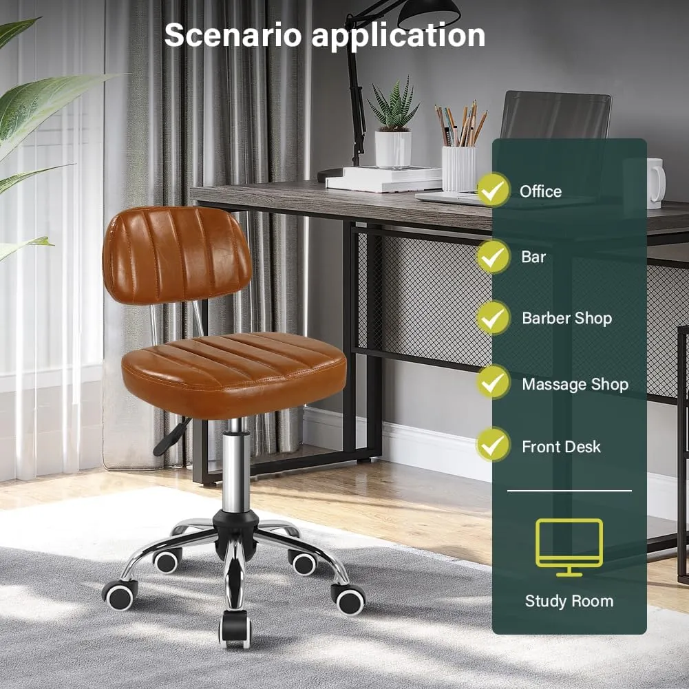 Square Swivel Stool with Wheel Perfect for Work SPA Shop Massage Height-Adjustable and Cost-Effective Rolling Stool Chair with Back (Brown)